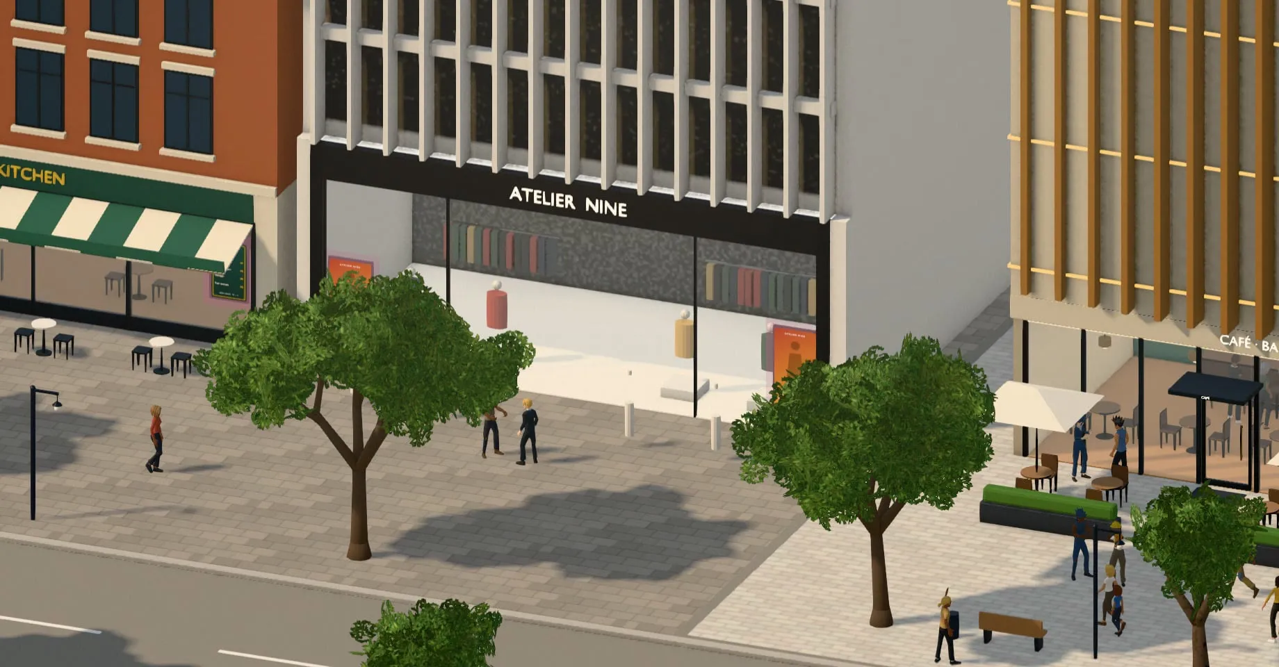 A high street with a café, a bookshop and trees along the pavement