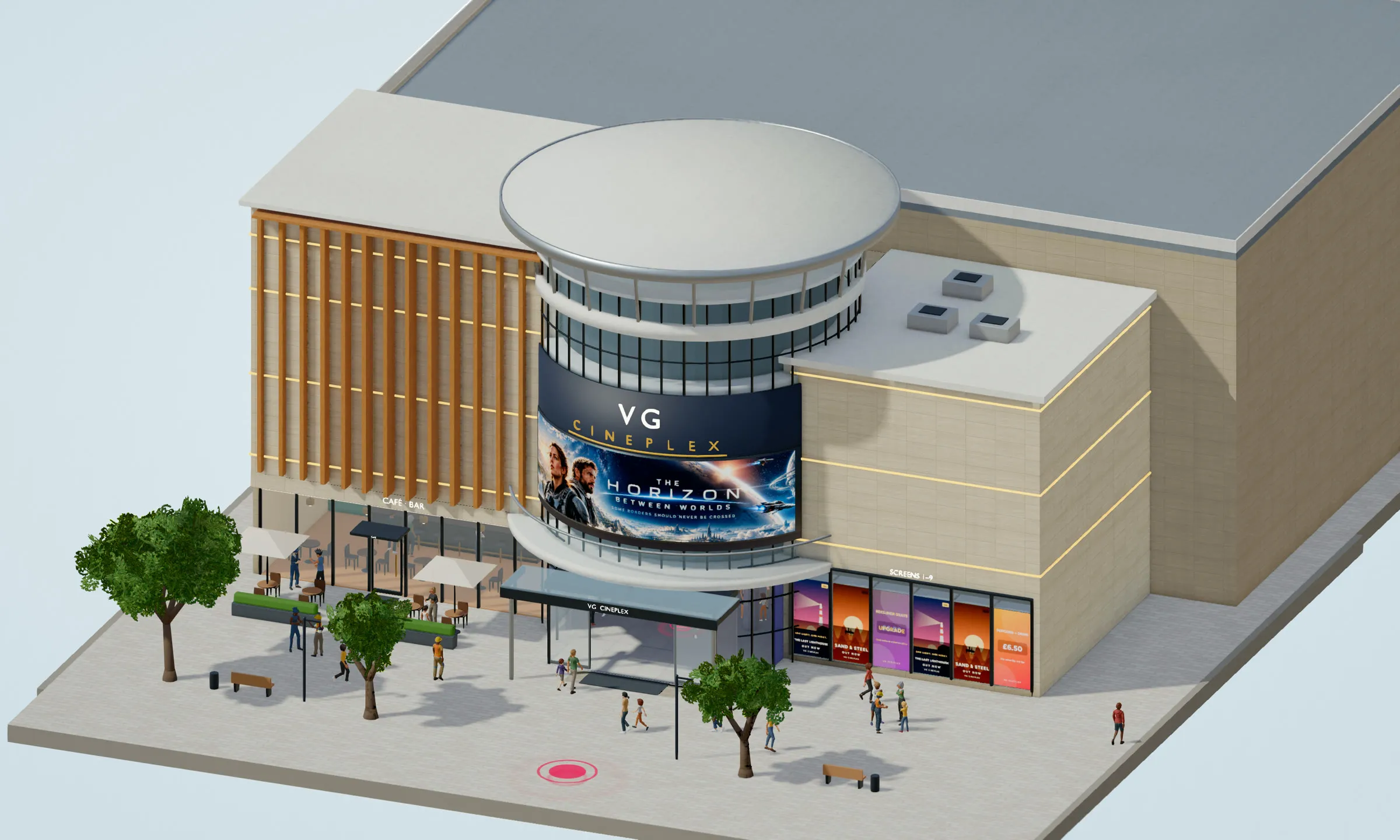 A cinema on its square by day