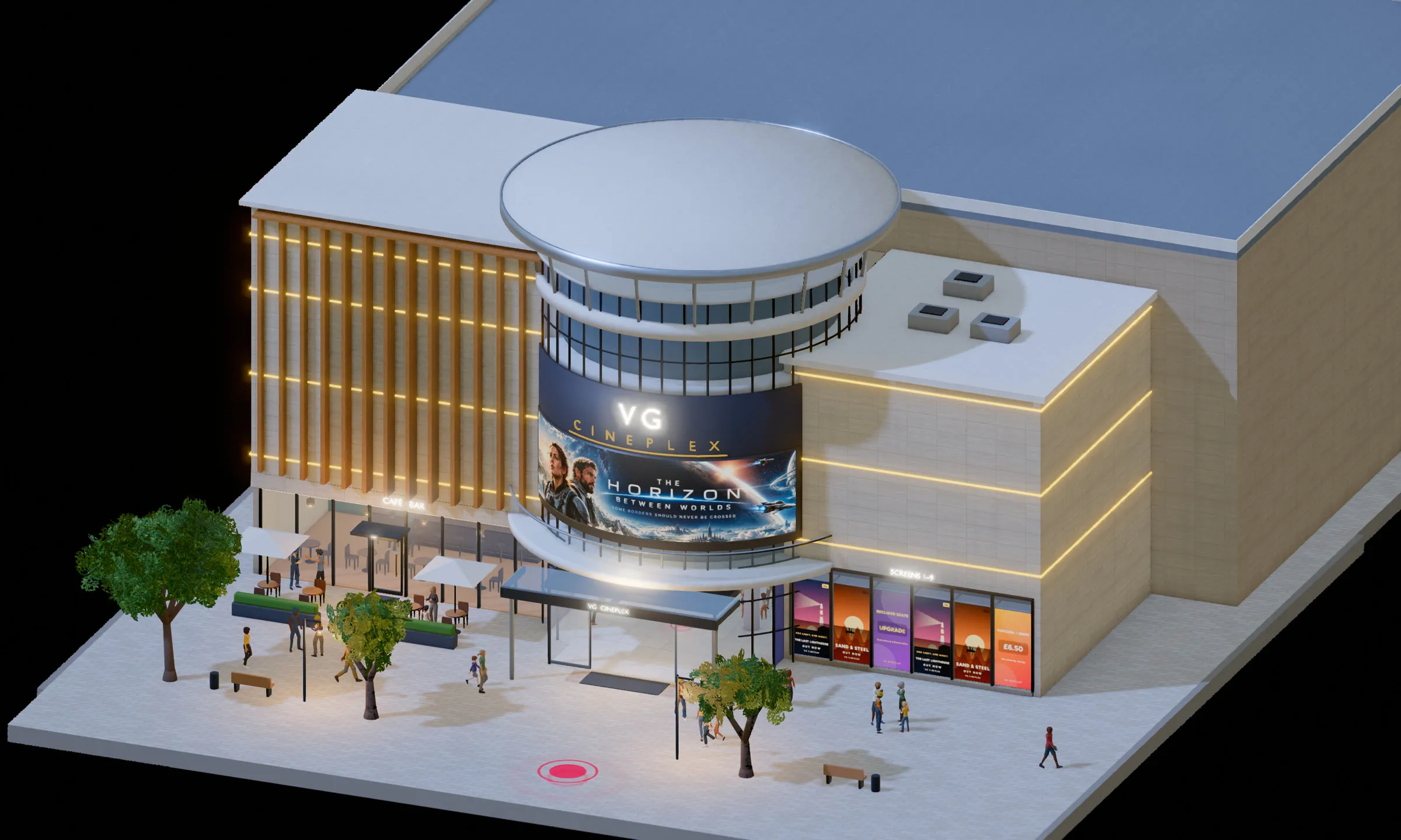 The same cinema at night, lit and welcoming