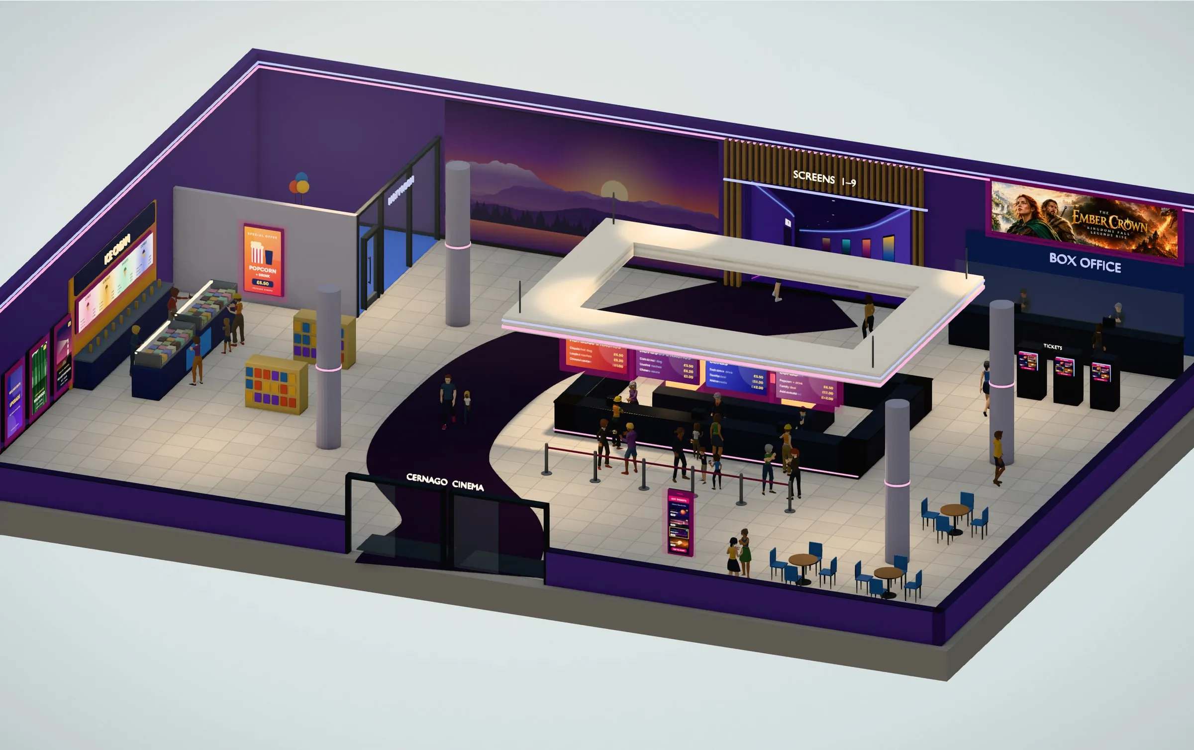 Cut-away of a cinema lobby full of menu boards, poster screens and ticket kiosks