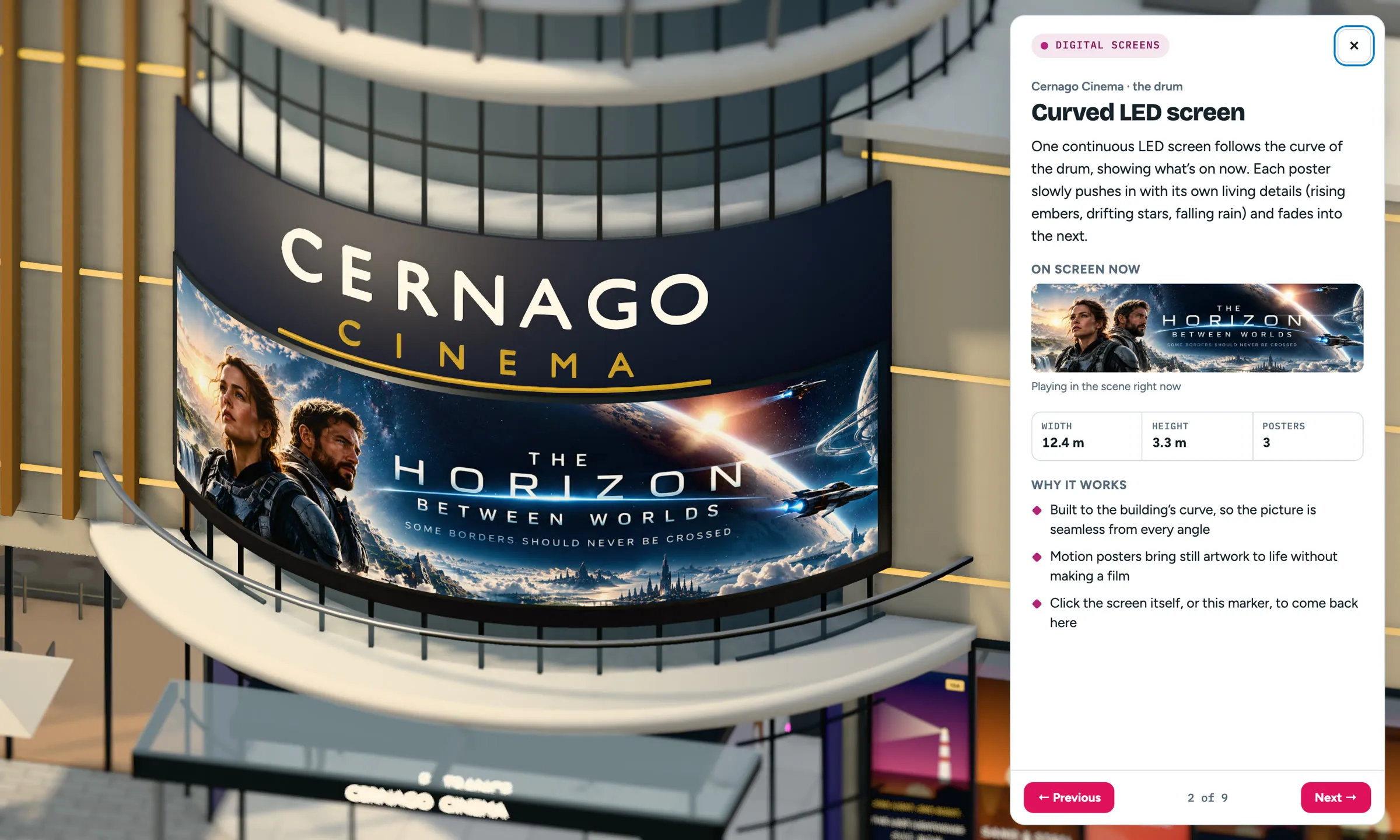 A card open beside the cinema’s curved LED screen, giving its size and what it does