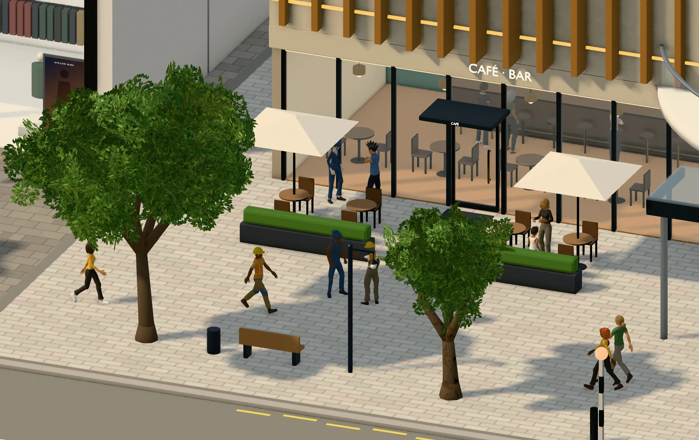 People at the café tables and walking past the terrace outside the cinema