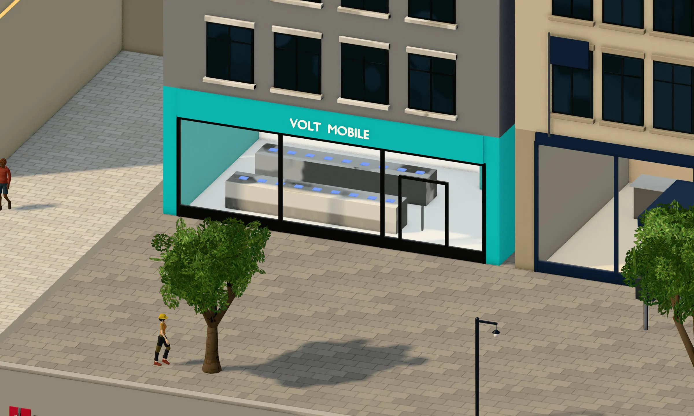 A shop on a high street, finished in its colours with its fittings showing through the window