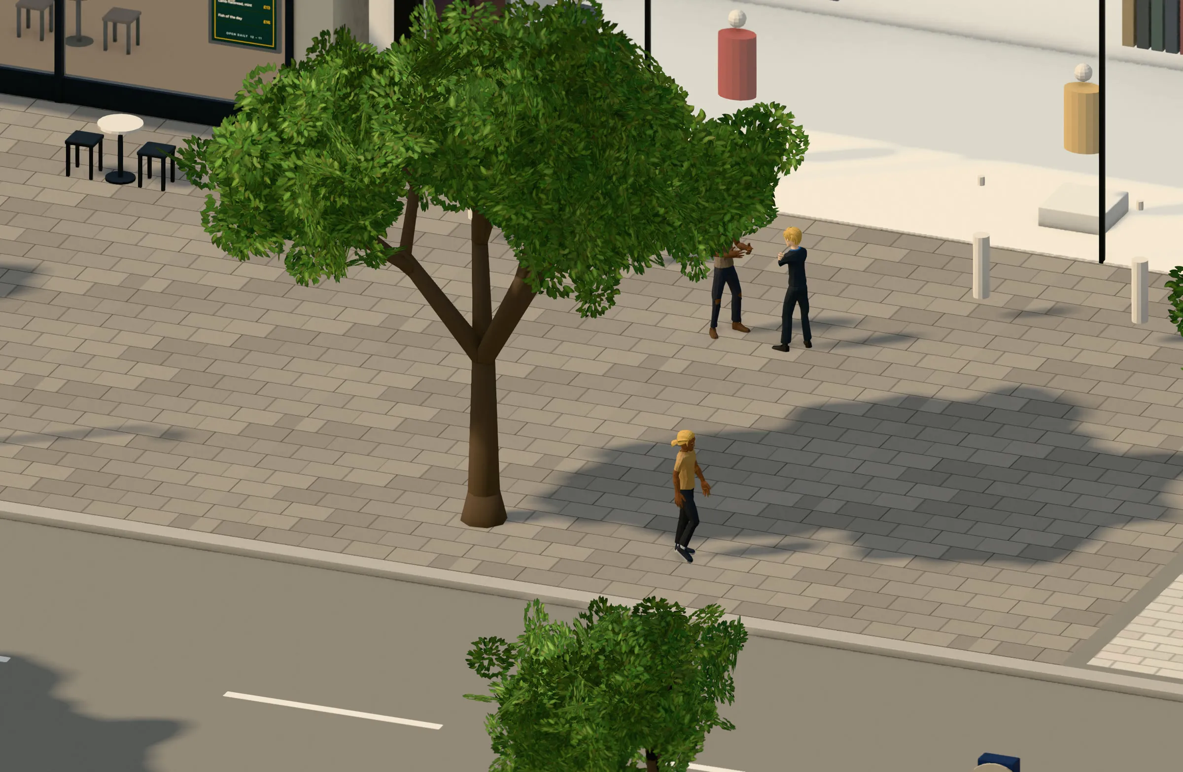 A street tree on a wide pavement, with people walking past a shop