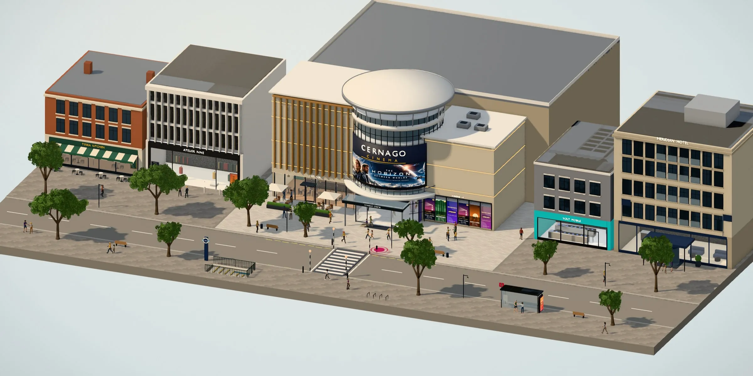 A high street from above, with screens and posters along the shopfronts