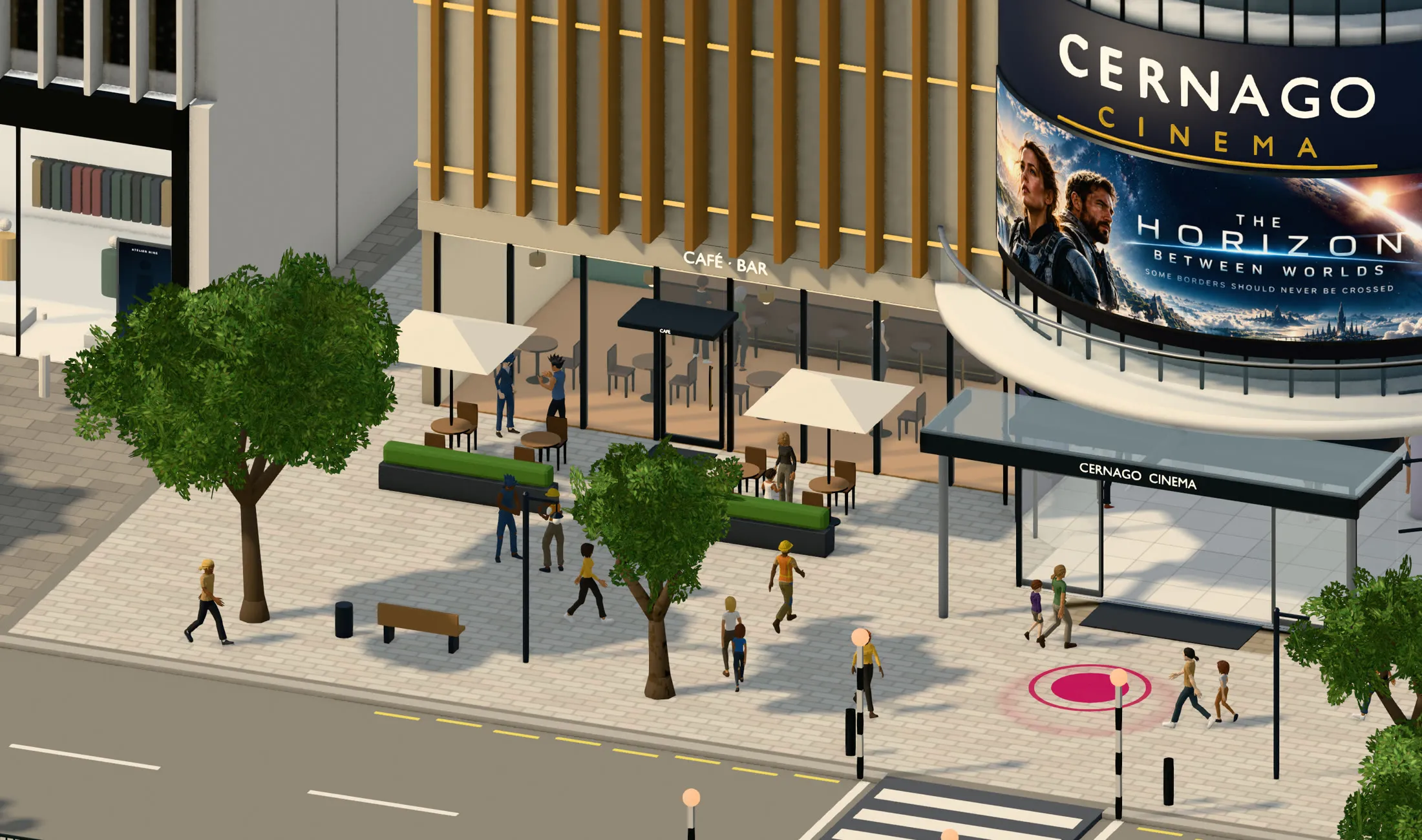 People crossing the square outside the cinema