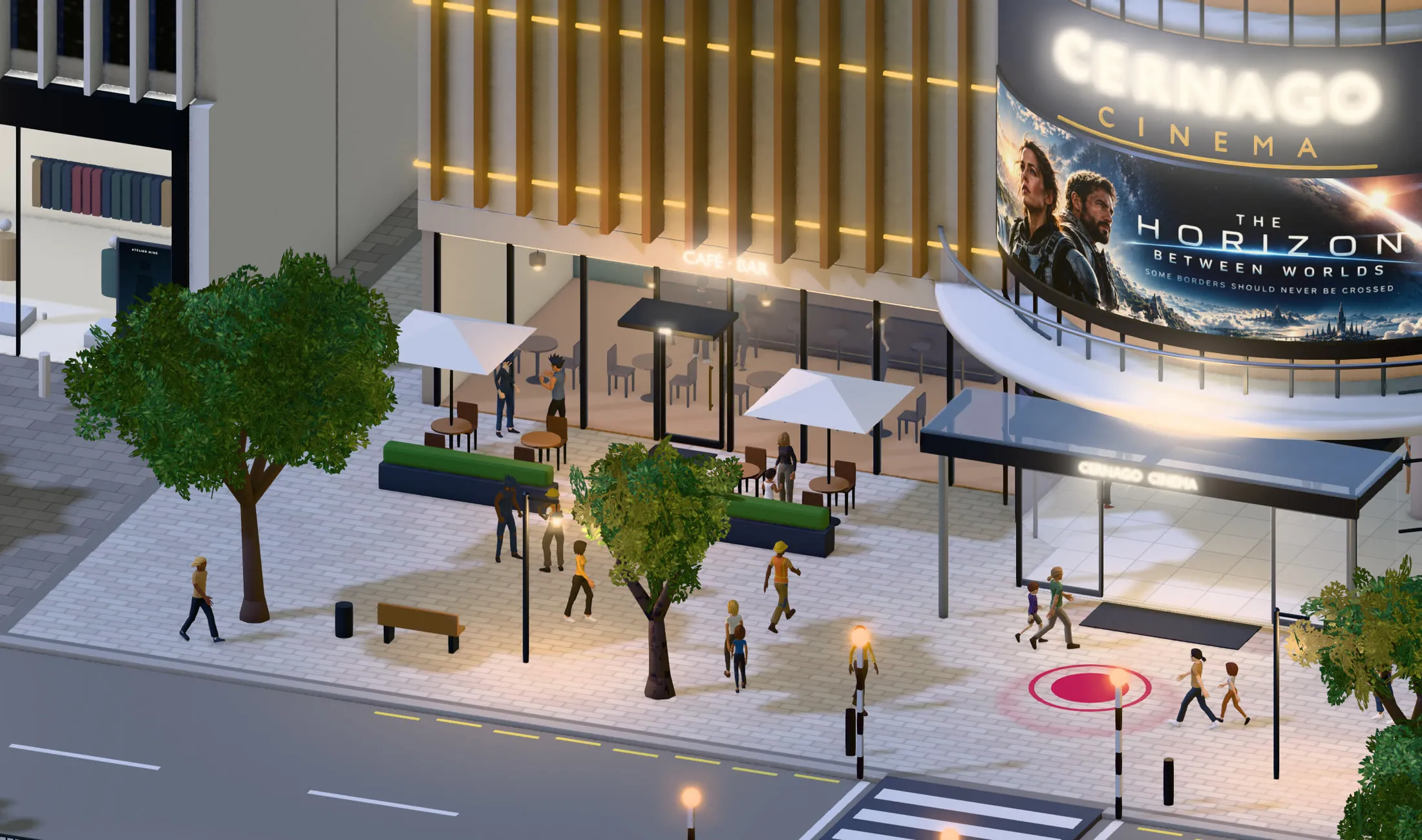 A cinema’s square at night, its curved screen and window screens lit