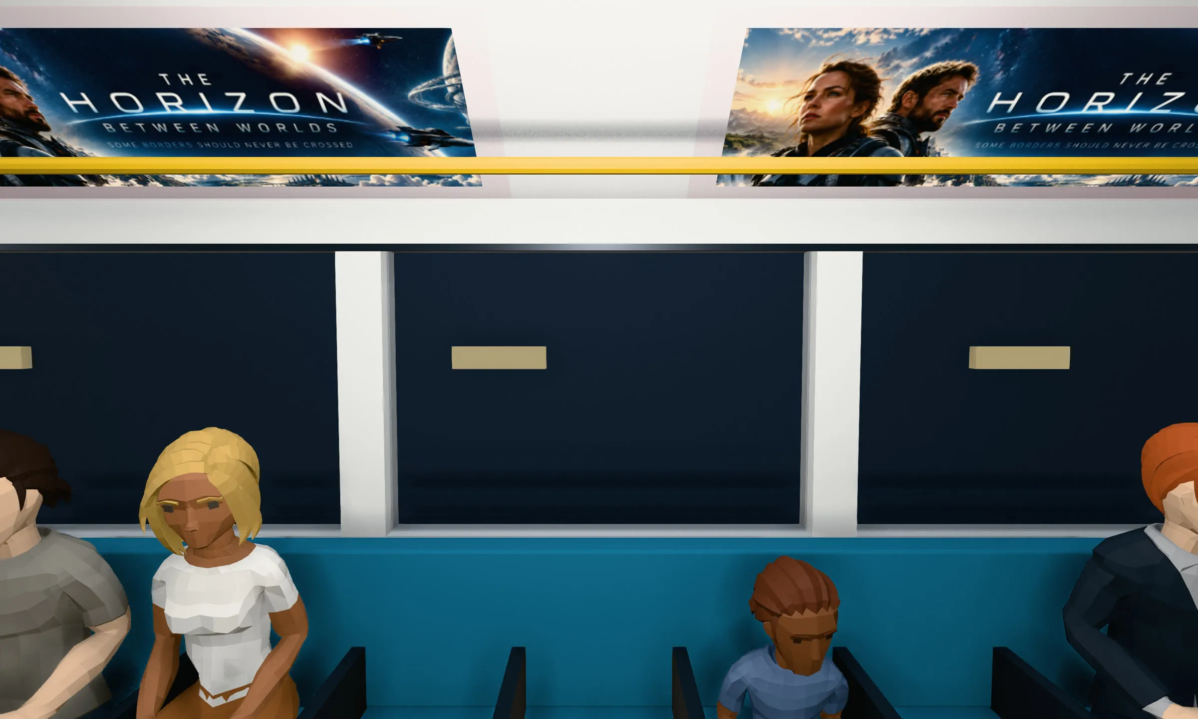 Inside a train carriage: passengers below a row of screens above the windows
