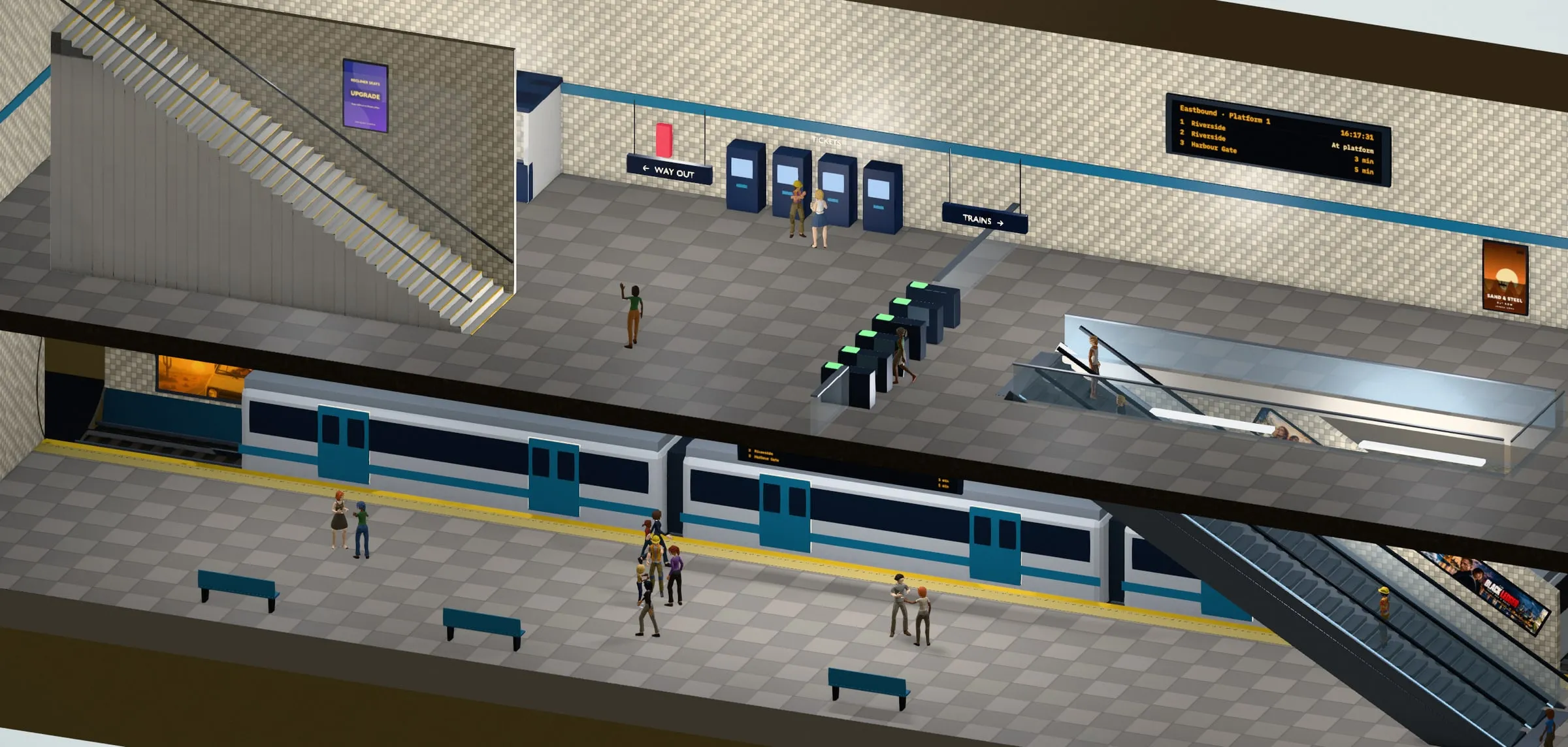 Cut-away of an underground station with posters on every level