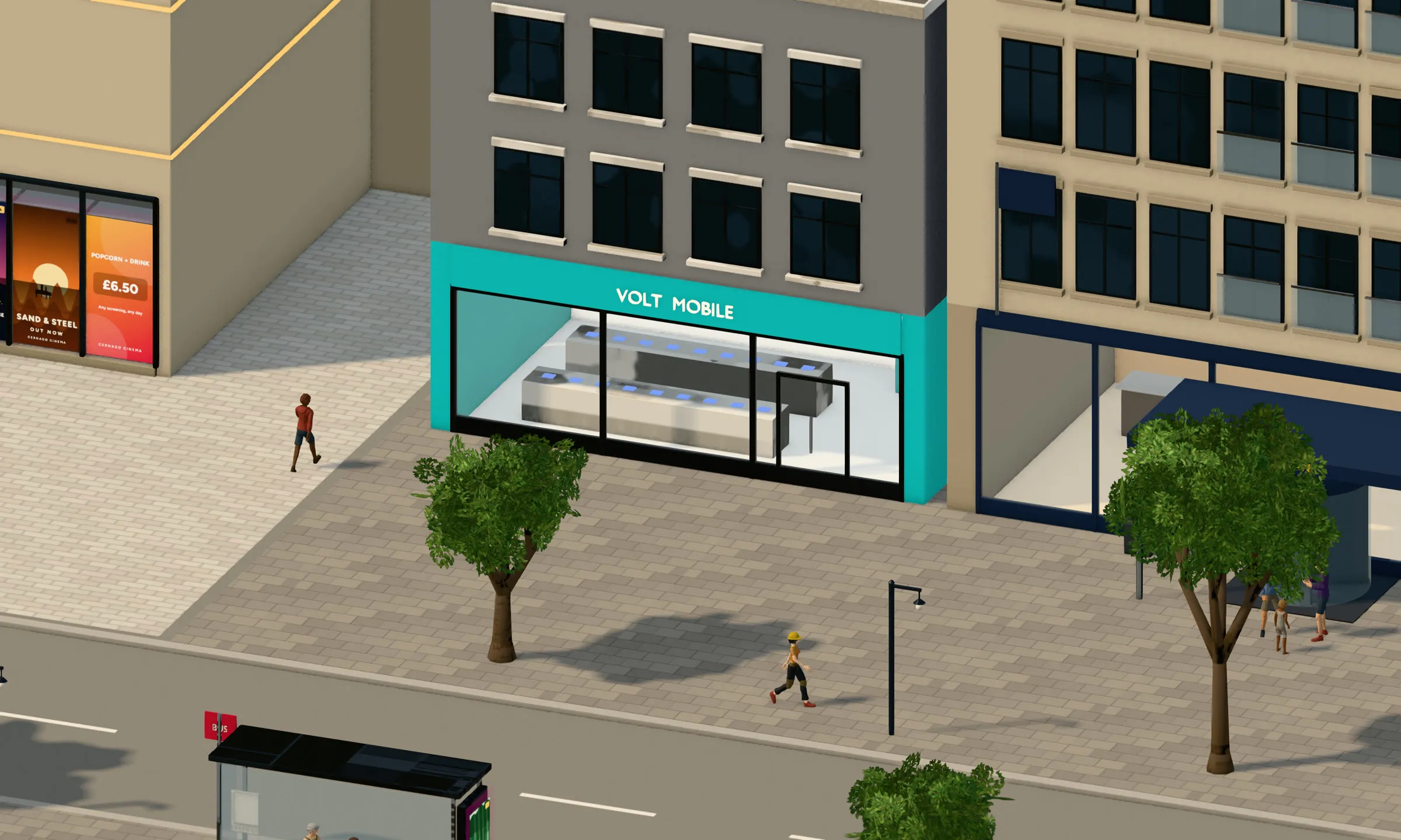 A phone shop on a high street, its window showing the video wall and counters inside