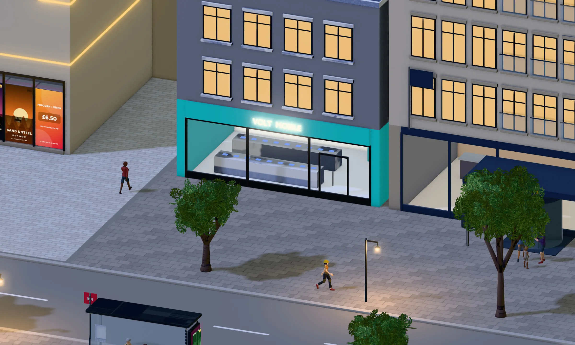 A high street at night: shop windows glowing and offices lit above